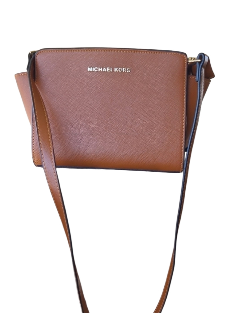 Michael Kors Cognac Saffiano Leather Messenger Crossbody. Stap Needs Stud Repair